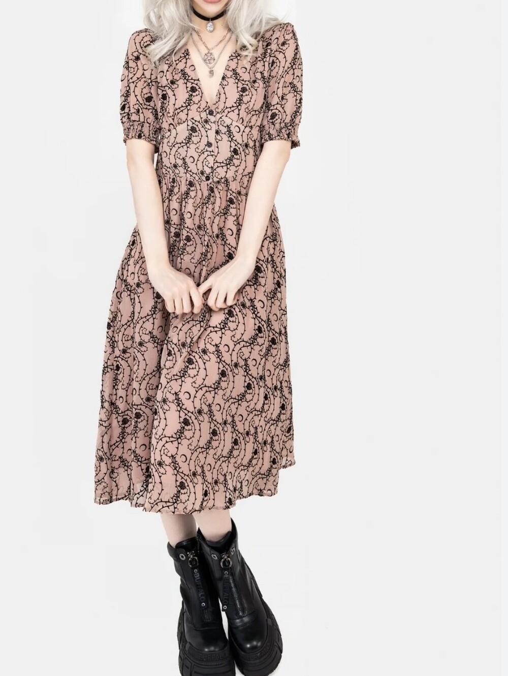 Disturbia Rosethorn Corset Midi Dress Dusty Pink Black Velvet Goth Floral Moon 2 - Picture 3 of 15